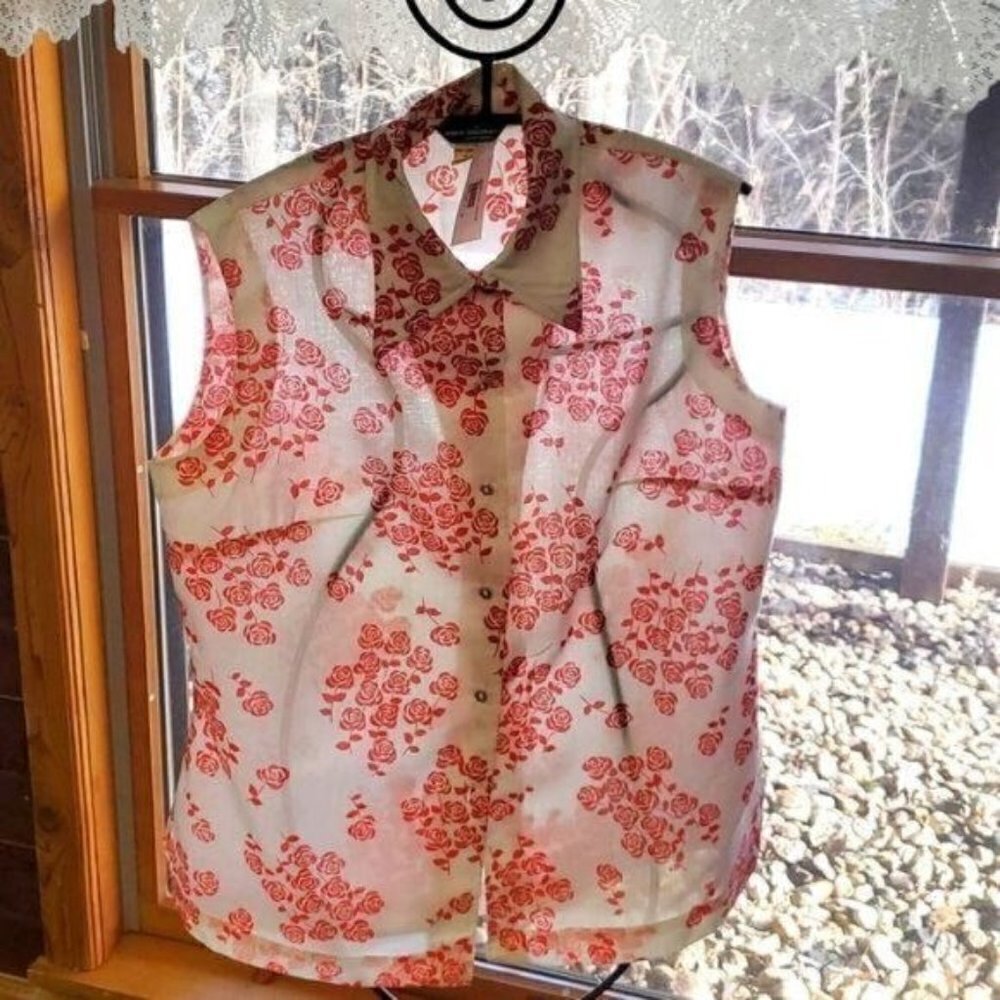 Alex Colman Vintage Sportwear Sz. 18 White & Peach Floral Sleeveless Blouse‎